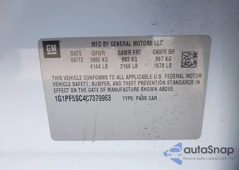 2012 Chevrolet Cruze 1Lt z USA, uszkodzony, nr VIN 1G1PF5SC4C7379963